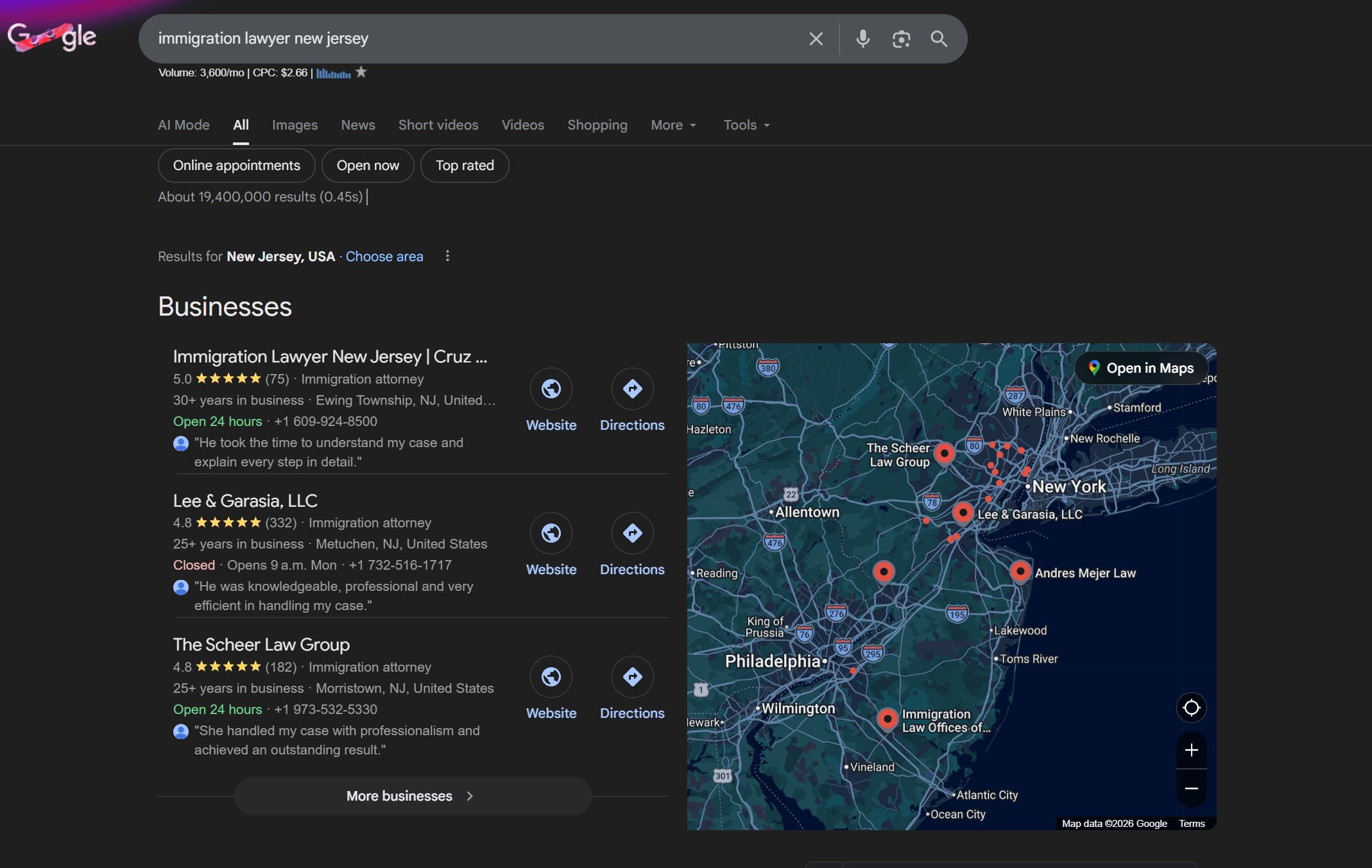 Google search results showing Cruz Gold & Associates ranking #1 for 'immigration lawyer new jersey' with 5.0 stars and 75 reviews, above competitors with 332 and 182 reviews