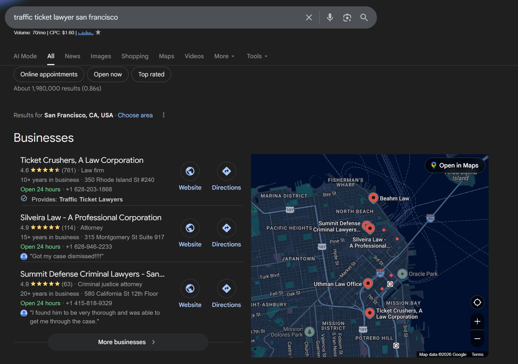 Google search showing Ticket Crushers #1 for traffic ticket lawyer San Francisco