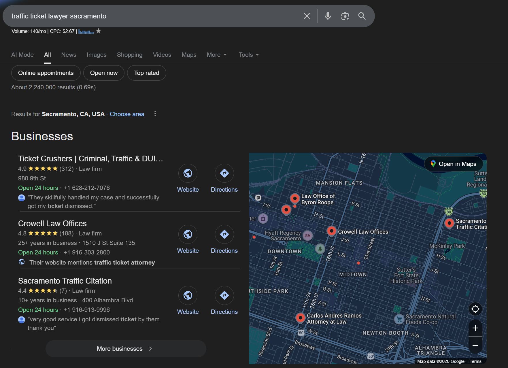 Google search showing Ticket Crushers #1 for traffic ticket lawyer Sacramento