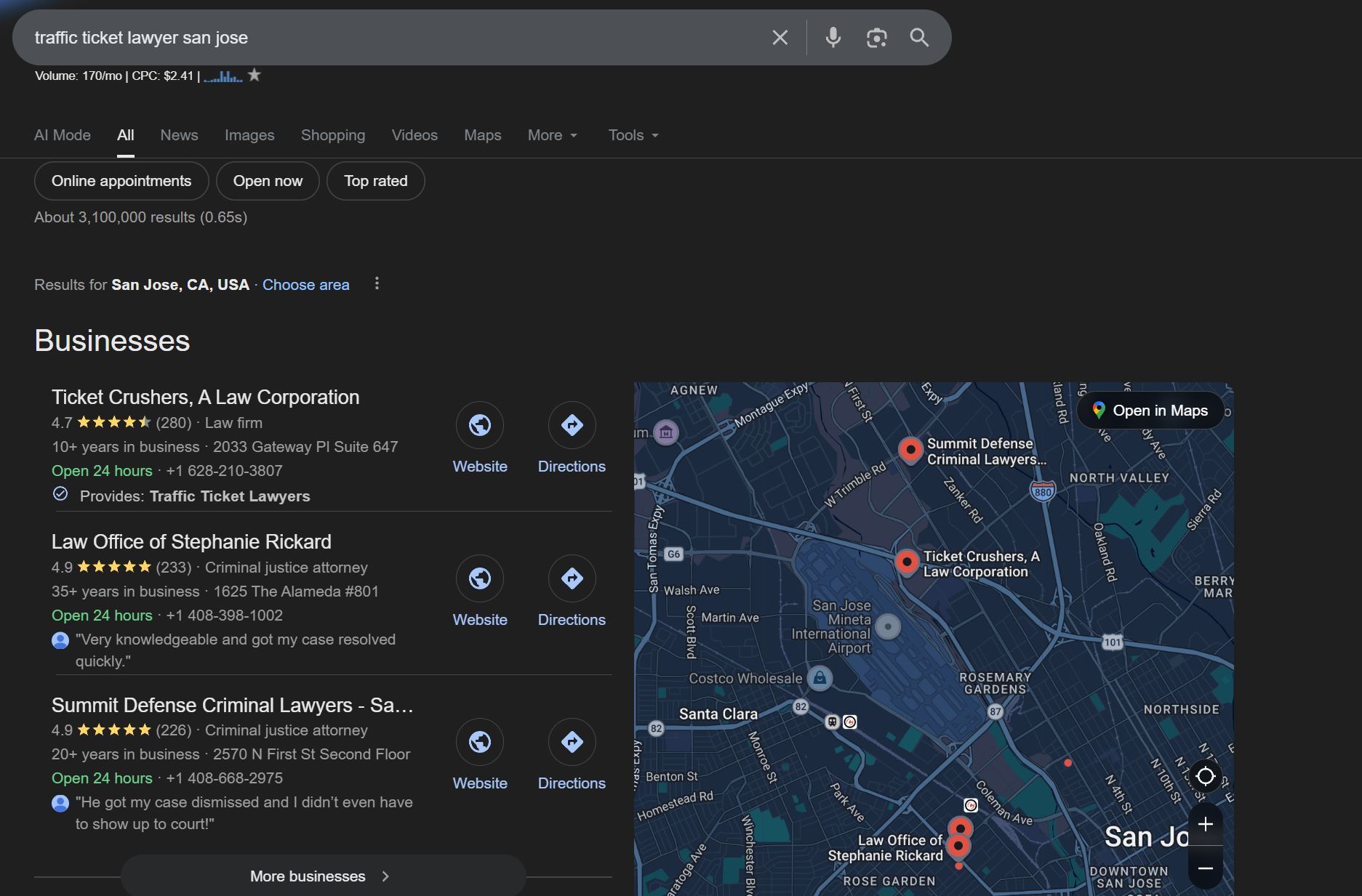 Google search showing Ticket Crushers #1 for traffic ticket lawyer San Jose