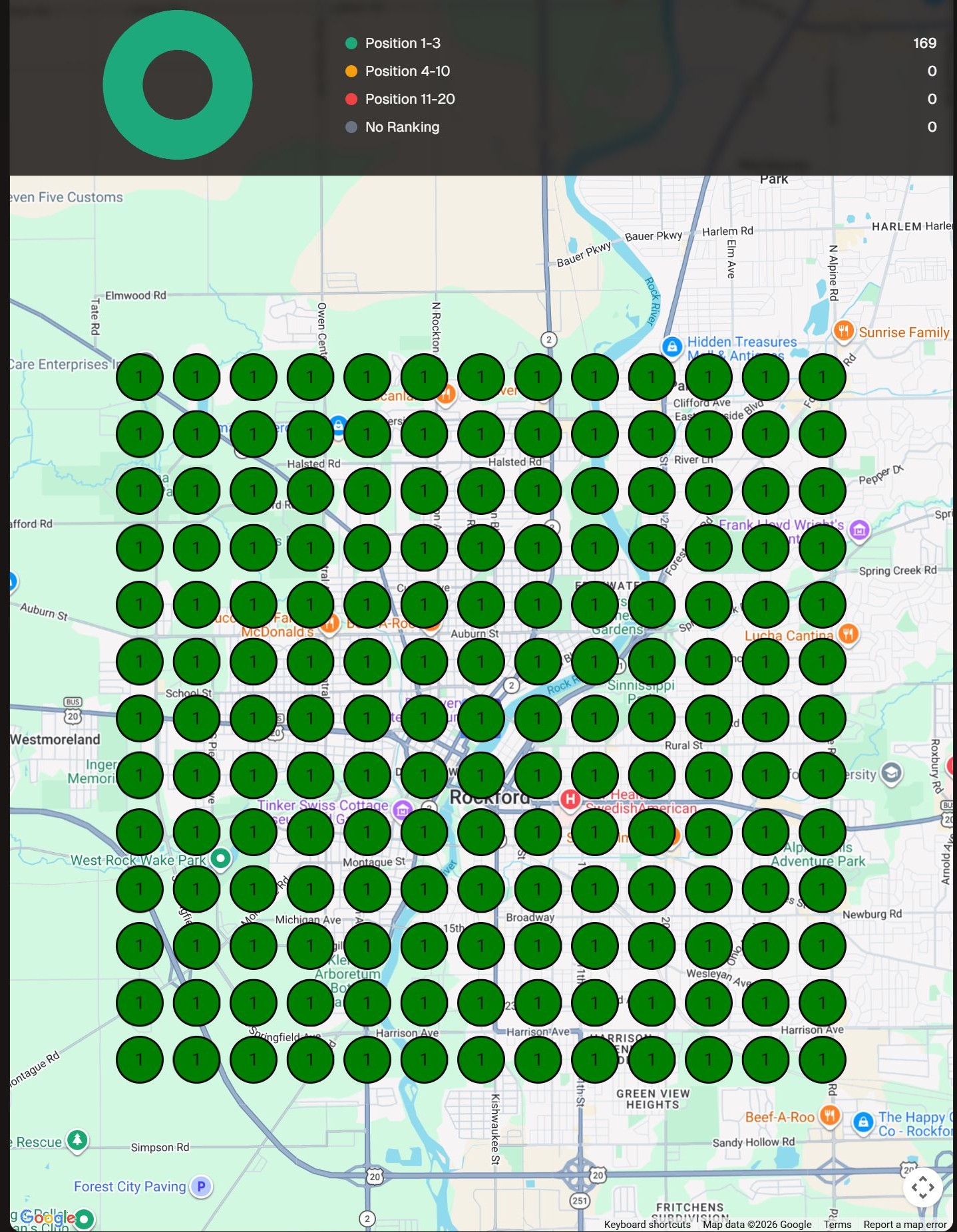 Before: Google Maps heat map showing zero visibility (all red) for Vernsten Law across Rockford