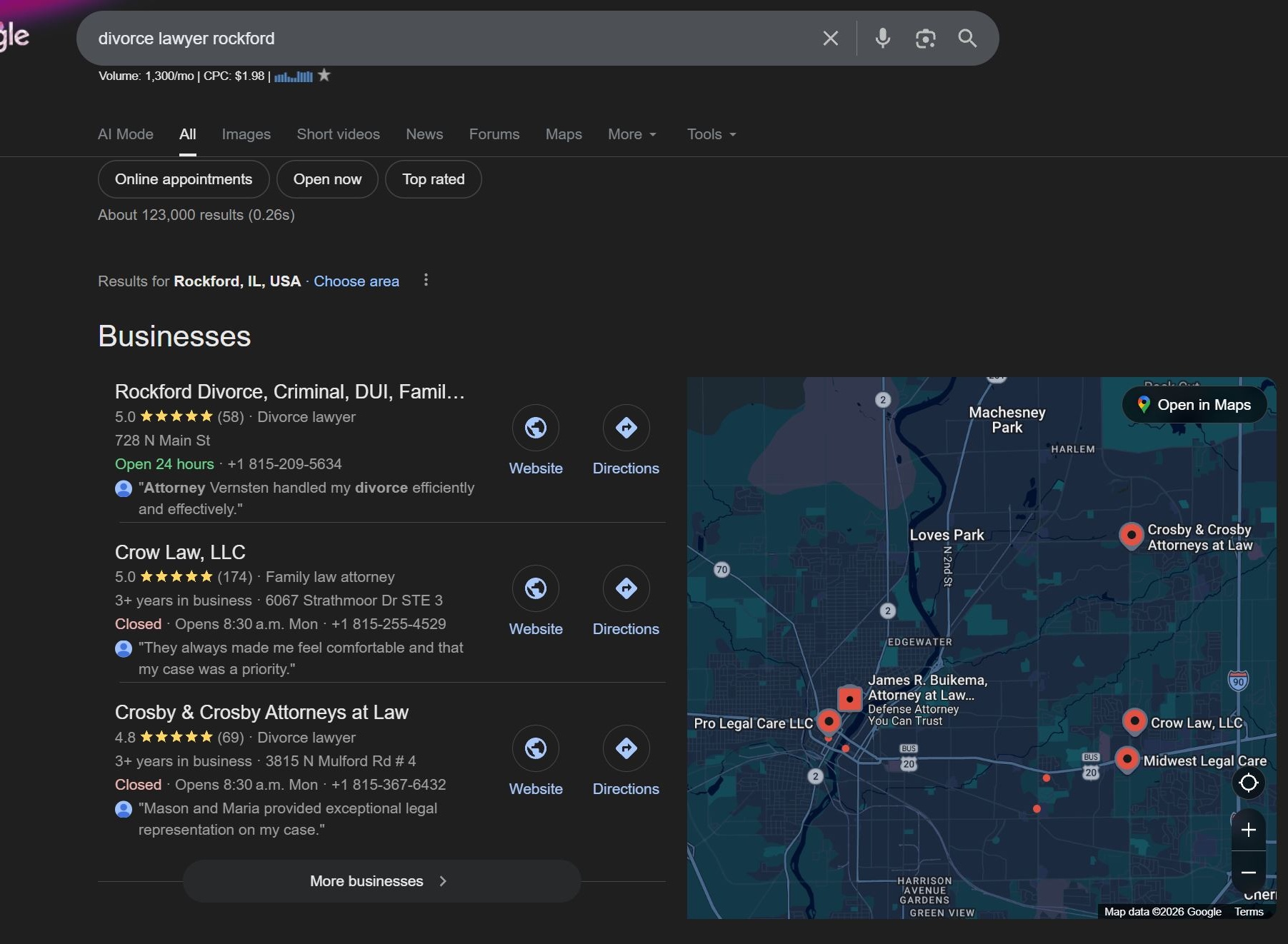 Google search results showing Vernsten Law ranking #1 for 'divorce lawyer rockford'